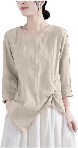 Vintage Linen Shirt for Women 3/4 Sleeve Twist Knot Front T Shirts Asymmetrical Hem Tunic Top Dressy Casual Blouse
