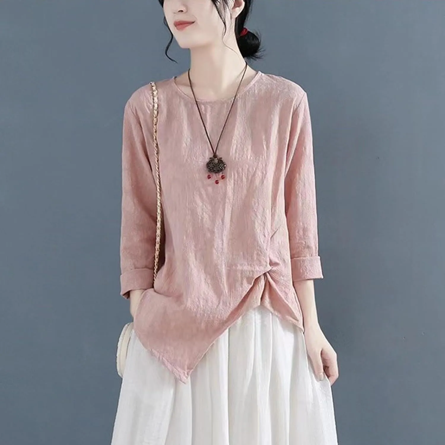 Vintage Linen Shirt for Women 3/4 Sleeve Twist Knot Front T Shirts Asymmetrical Hem Tunic Top Dressy Casual Blouse