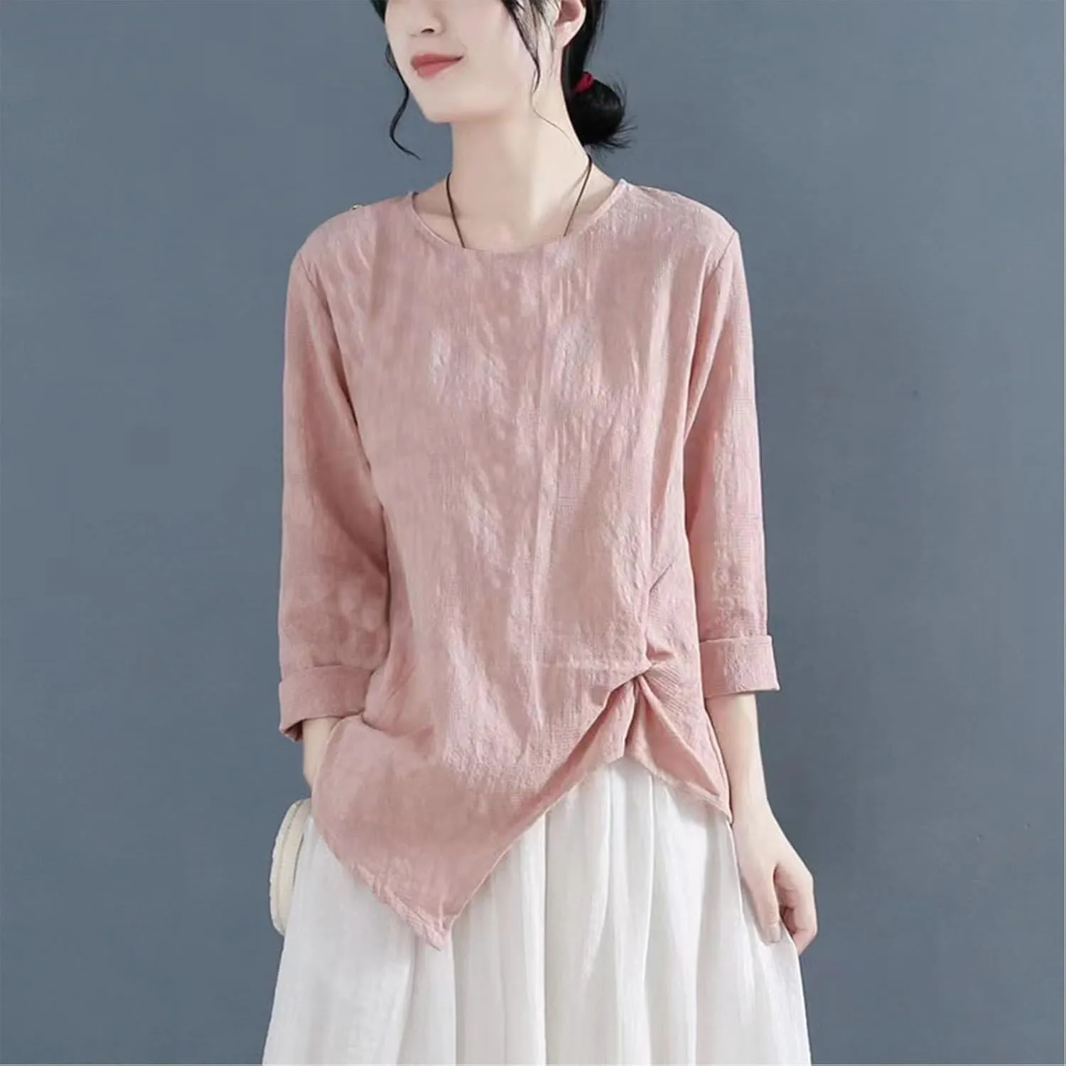 Vintage Linen Shirt for Women 3/4 Sleeve Twist Knot Front T Shirts Asymmetrical Hem Tunic Top Dressy Casual Blouse