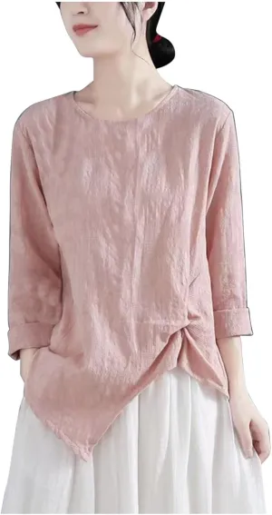 Vintage Linen Shirt for Women 3/4 Sleeve Twist Knot Front T Shirts Asymmetrical Hem Tunic Top Dressy Casual Blouse