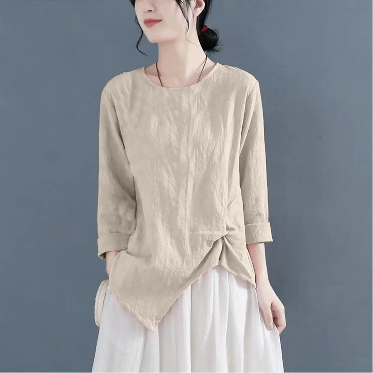 Vintage Linen Shirt for Women 3/4 Sleeve Twist Knot Front T Shirts Asymmetrical Hem Tunic Top Dressy Casual Blouse