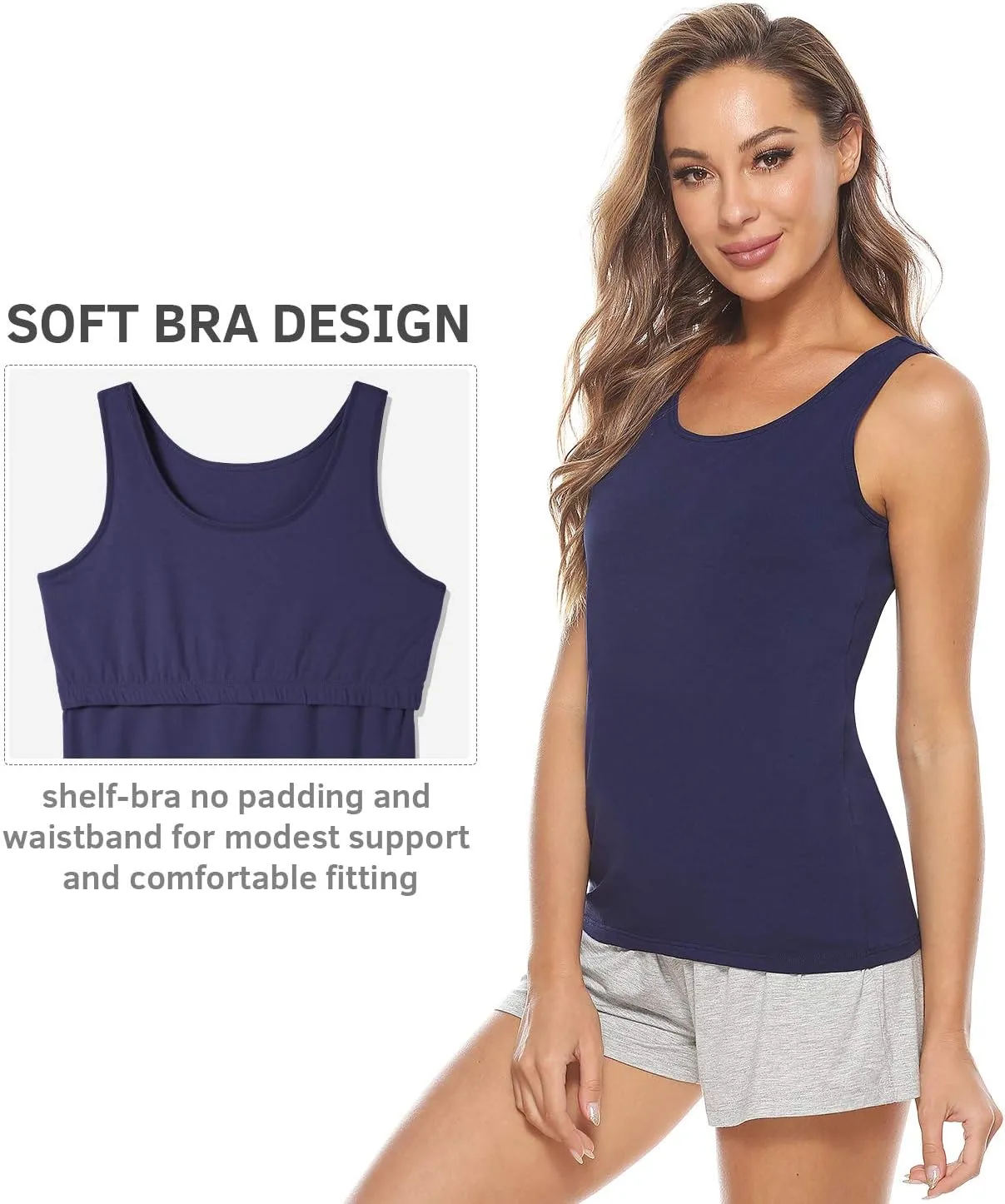 Vislivin Cotton Tank Tops with Shelf Bra for Women Stretch Tanks Wide Strap Undershirts
