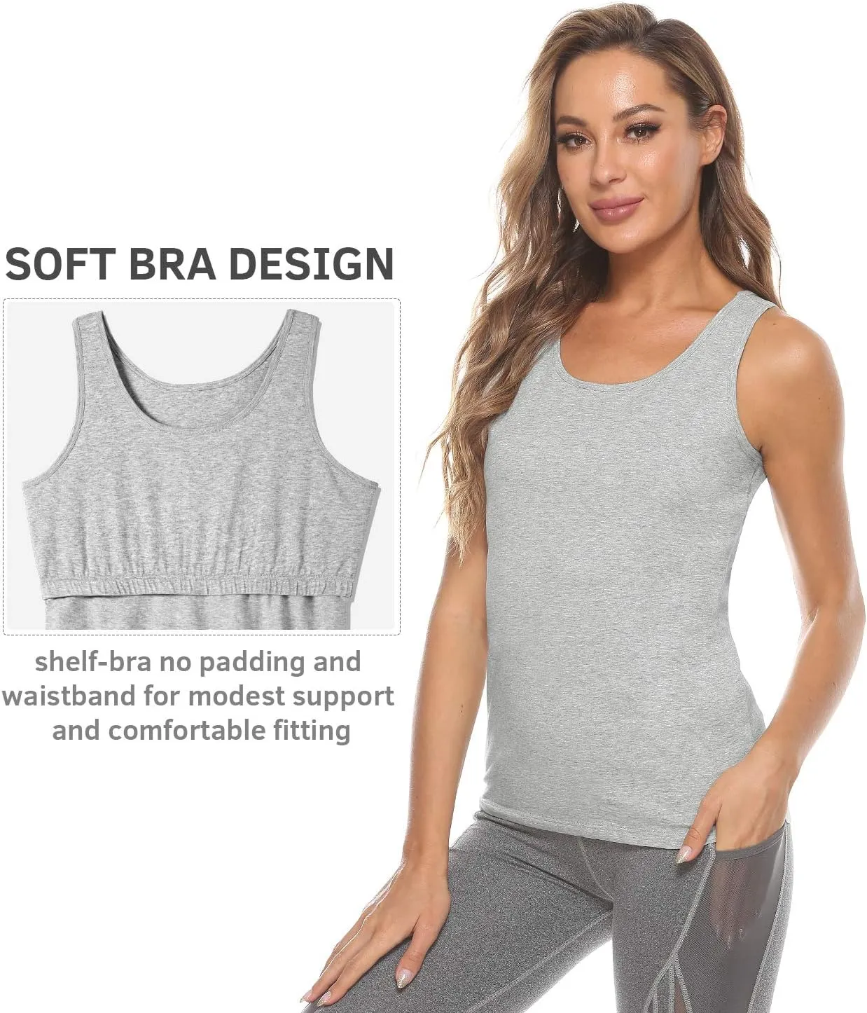 Vislivin Cotton Tank Tops with Shelf Bra for Women Stretch Tanks Wide Strap Undershirts