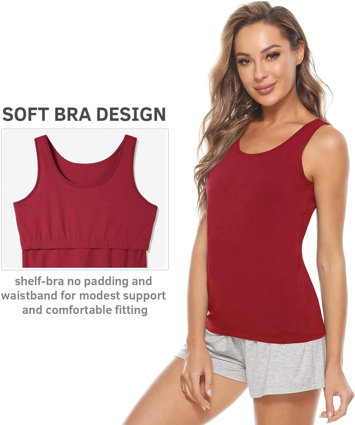 Vislivin Cotton Tank Tops with Shelf Bra for Women Stretch Tanks Wide Strap Undershirts