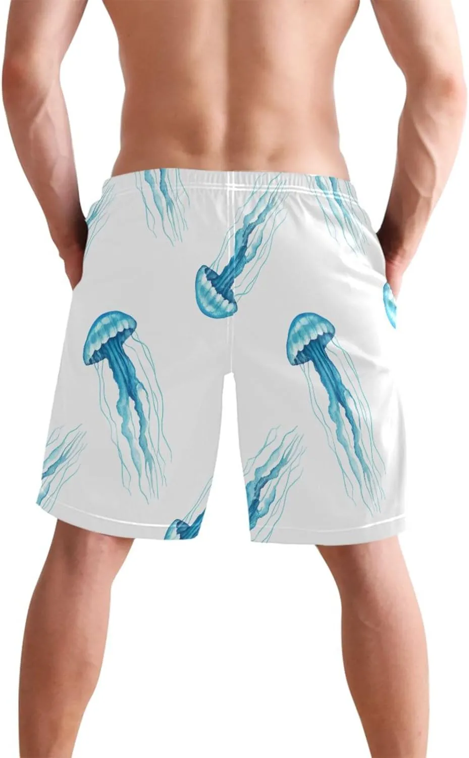 Watercolor Blue Jellyfish Swim Trunks for Men Swimwear Quick Dry Surf Mens Shorts Casual S