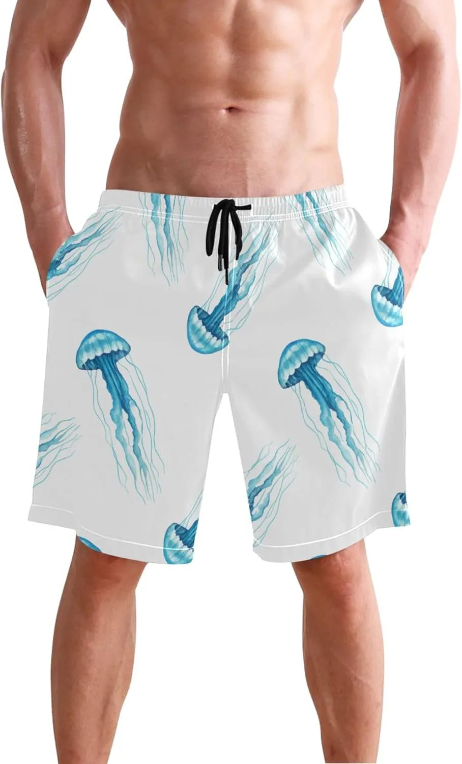 Watercolor Blue Jellyfish Swim Trunks for Men Swimwear Quick Dry Surf Mens Shorts Casual S