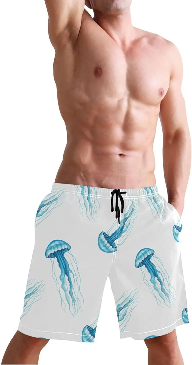 Watercolor Blue Jellyfish Swim Trunks for Men Swimwear Quick Dry Surf Mens Shorts Casual S
