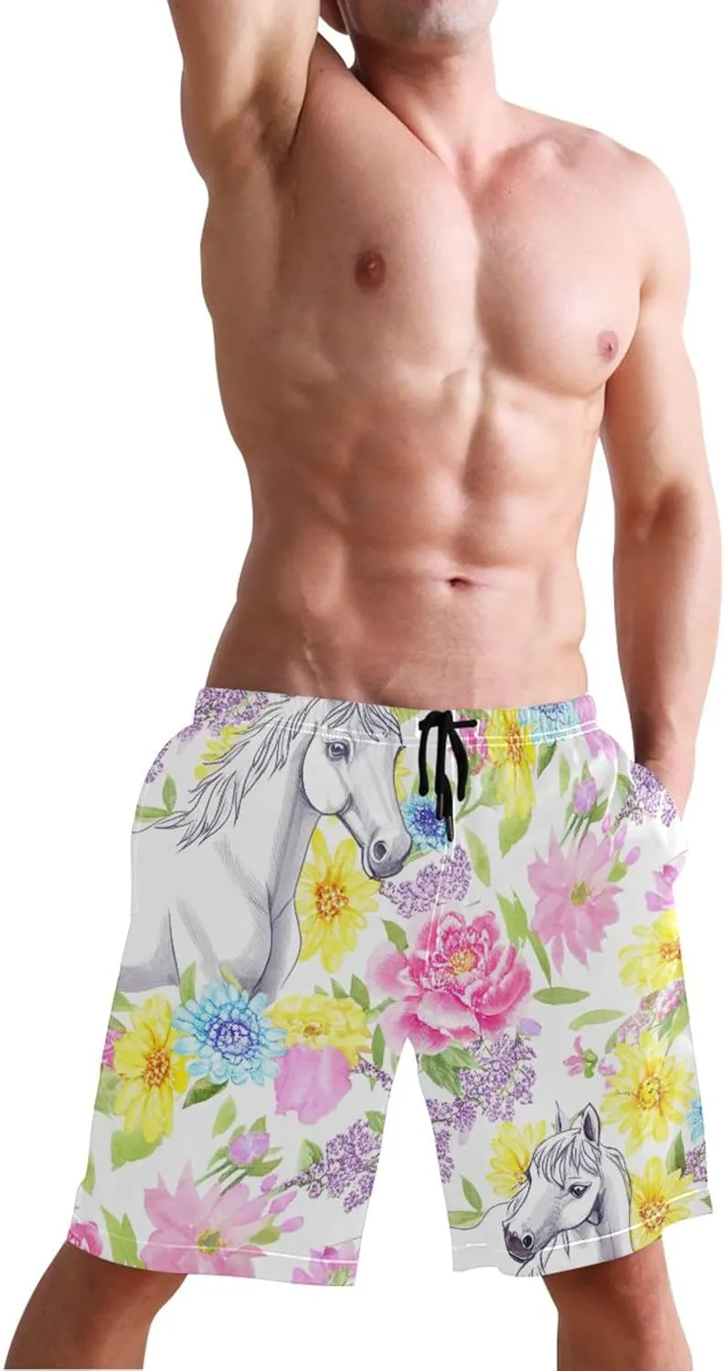 Watercolor Horses Vibrant Flowers Men's Swimming Trunks Mens Swim Trunks Funny Hawaiian Bathing Shorts Quick Dry S