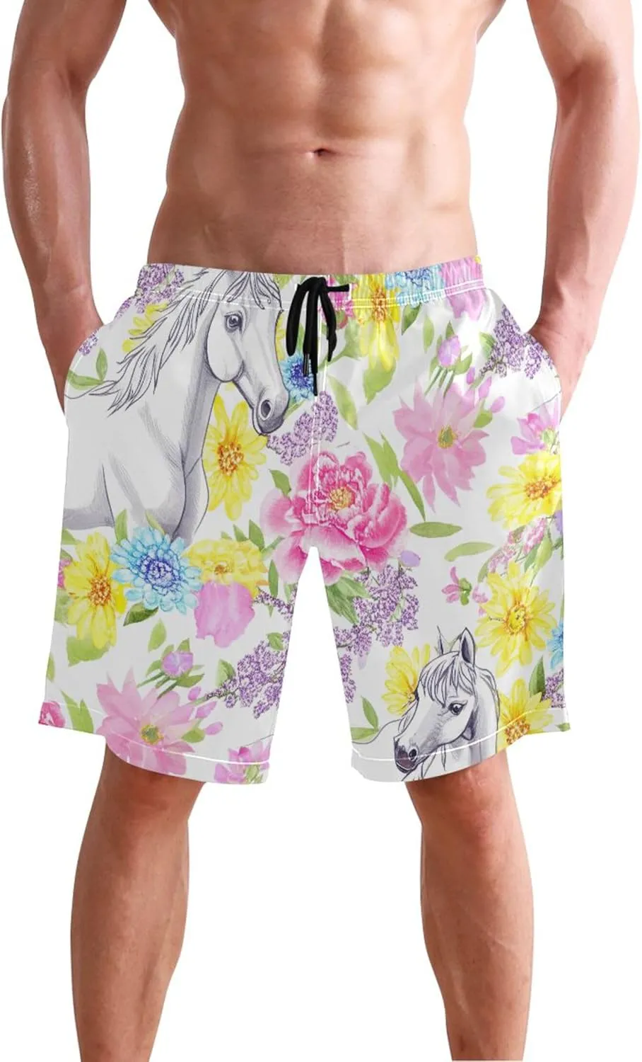 Watercolor Horses Vibrant Flowers Men's Swimming Trunks Mens Swim Trunks Funny Hawaiian Bathing Shorts Quick Dry S