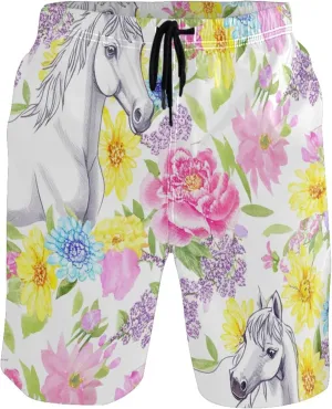 Watercolor Horses Vibrant Flowers Men's Swimming Trunks Mens Swim Trunks Funny Hawaiian Bathing Shorts Quick Dry S