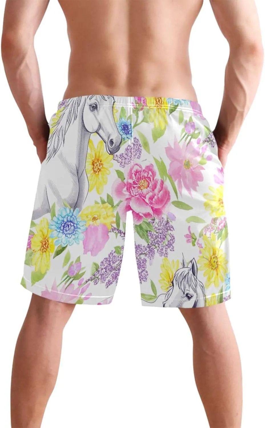 Watercolor Horses Vibrant Flowers Men's Swimming Trunks Mens Swim Trunks Funny Hawaiian Bathing Shorts Quick Dry S