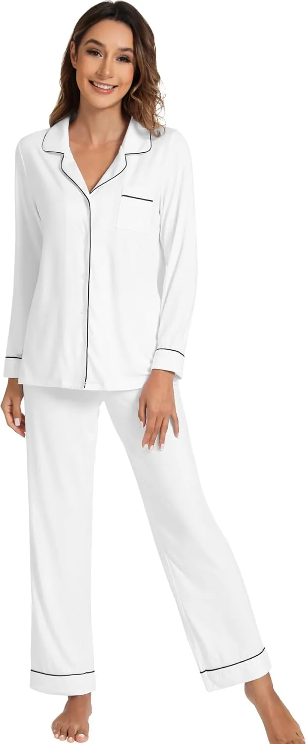 WiWi Bamboo Viscose Pajamas Set for Women Soft Button Down Sleepwear Pj Lightweight Lounge Sets Loungewear S-XXL
