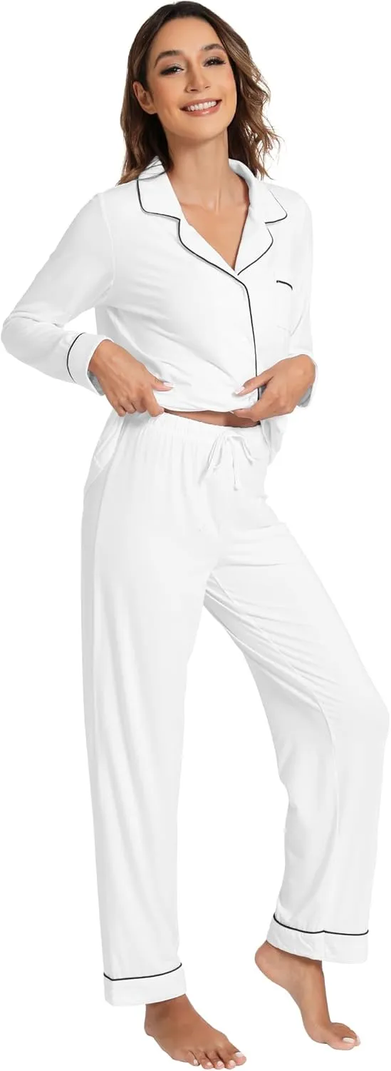 WiWi Bamboo Viscose Pajamas Set for Women Soft Button Down Sleepwear Pj Lightweight Lounge Sets Loungewear S-XXL