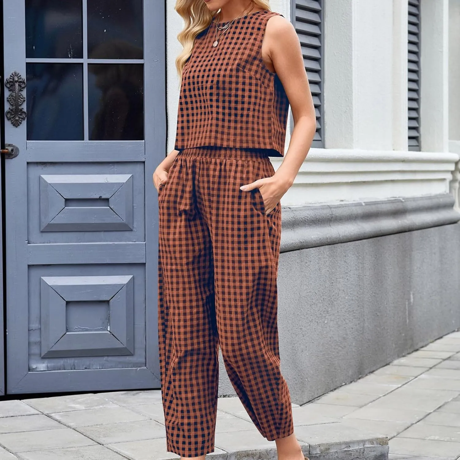 Women 2 Piece Summer Outfit Plaid Lounge Wear Sets Sleeveless Crop Tank Tops and Long Pant Set with Pocket Tracksuit
