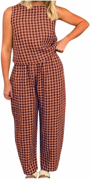 Women 2 Piece Summer Outfit Plaid Lounge Wear Sets Sleeveless Crop Tank Tops and Long Pant Set with Pocket Tracksuit