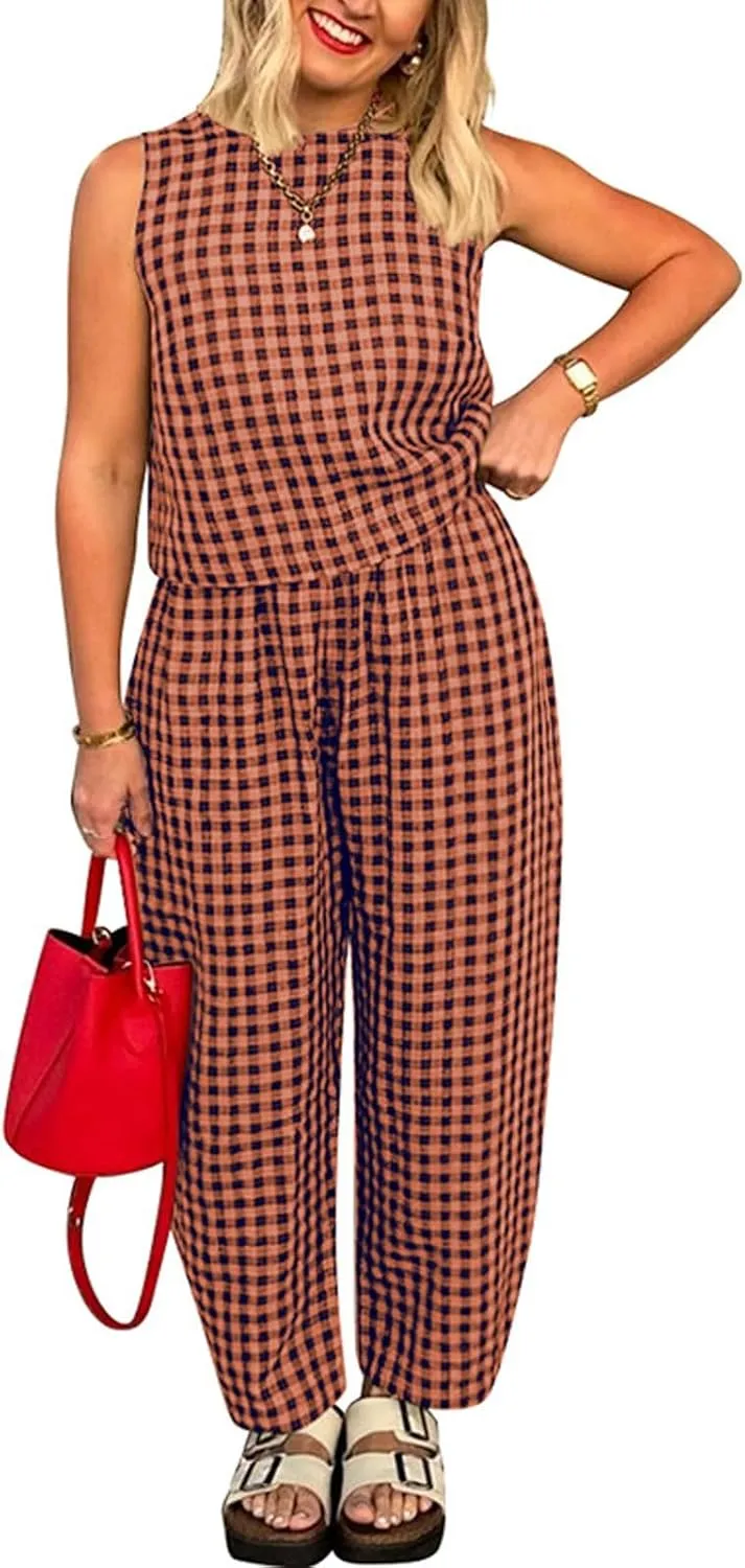 Women 2 Piece Summer Outfit Plaid Lounge Wear Sets Sleeveless Crop Tank Tops and Long Pant Set with Pocket Tracksuit