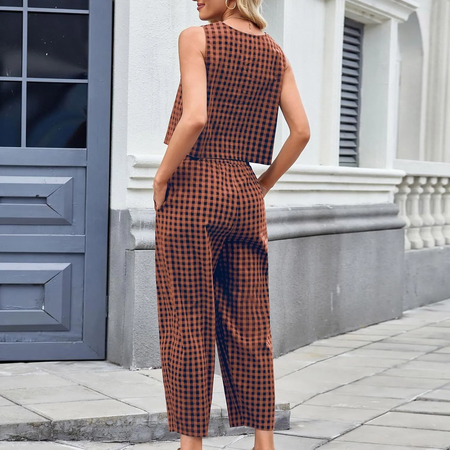 Women 2 Piece Summer Outfit Plaid Lounge Wear Sets Sleeveless Crop Tank Tops and Long Pant Set with Pocket Tracksuit