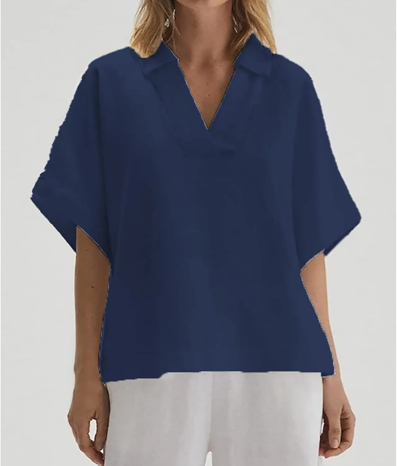 Women Cotton Linen Blouse Collared V-Neck Half Sleeve Batwing Oversized Loose Summer Top Solid Color Plain T-Shirt