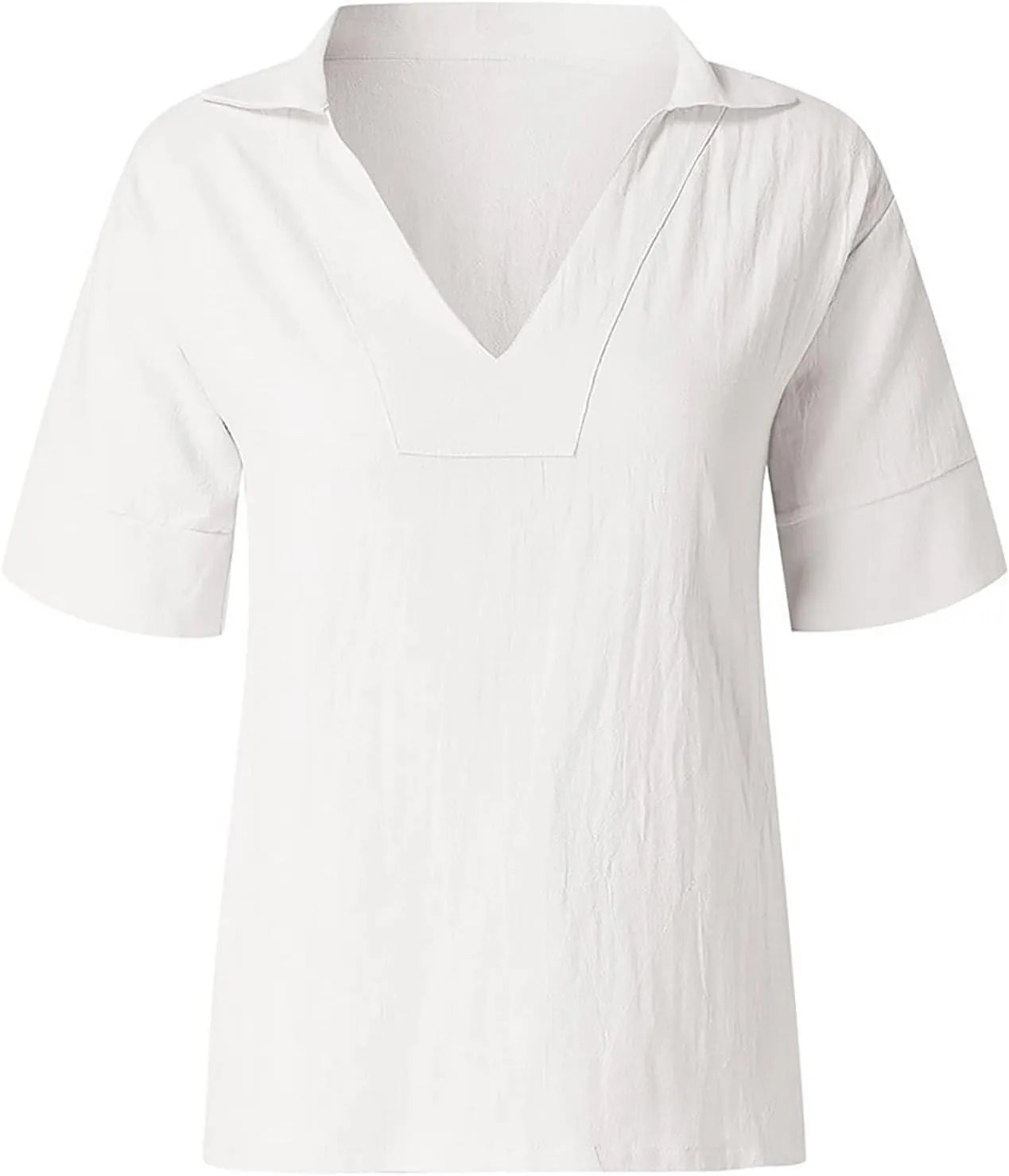 Women Cotton Linen Blouse Collared V-Neck Half Sleeve Batwing Oversized Loose Summer Top Solid Color Plain T-Shirt