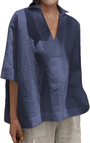 Women Cotton Linen Blouse Collared V-Neck Half Sleeve Batwing Oversized Loose Summer Top Solid Color Plain T-Shirt