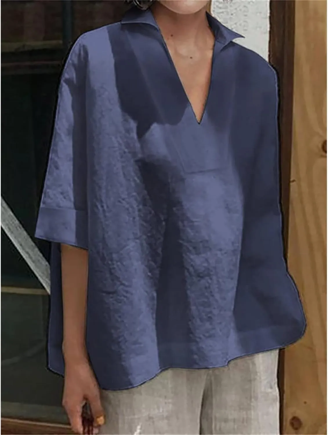 Women Cotton Linen Blouse Collared V-Neck Half Sleeve Batwing Oversized Loose Summer Top Solid Color Plain T-Shirt