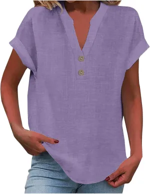 Women Cotton Linen Summer Shirts Guaze Tunic Tops Button V Neck Short Sleeve Blouses Loose Fit Ladies Clothes 2025