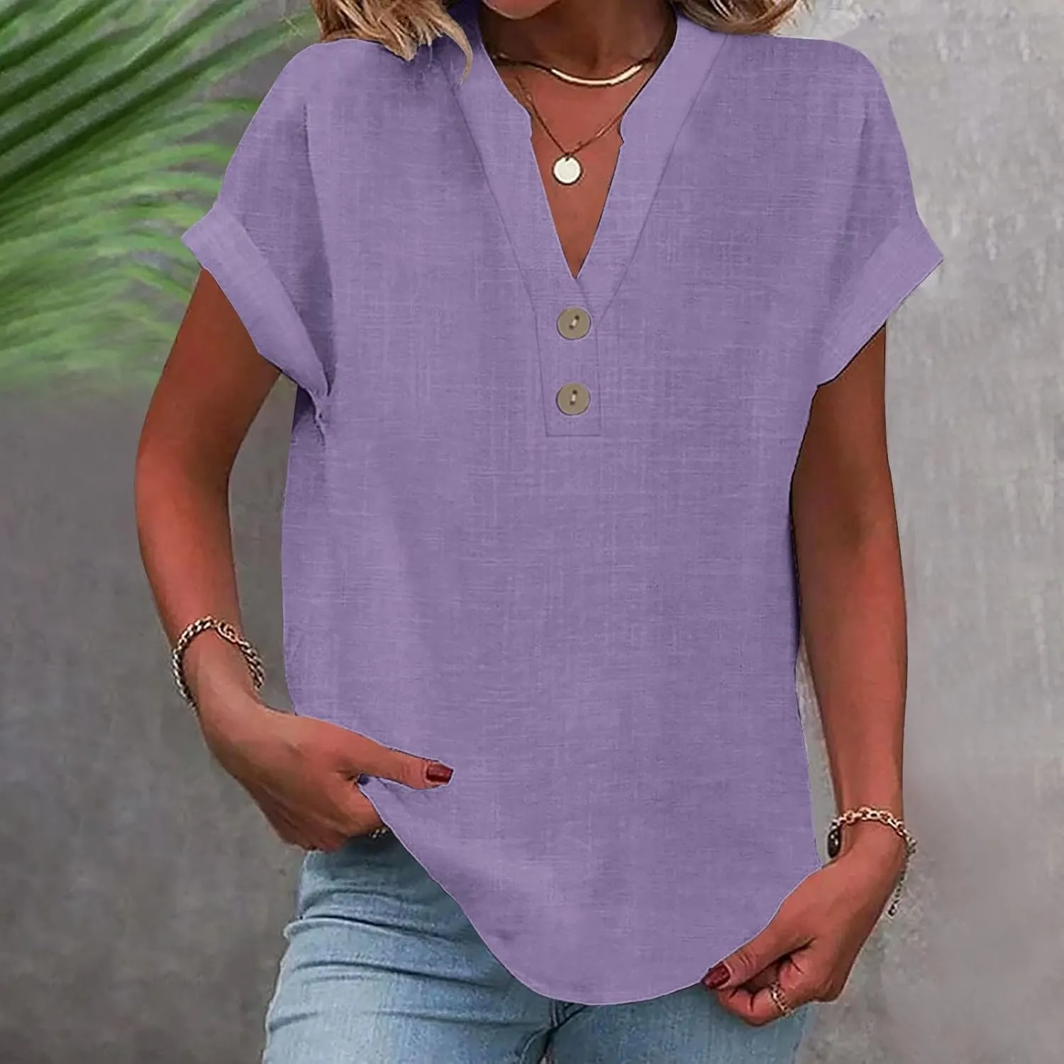 Women Cotton Linen Summer Shirts Guaze Tunic Tops Button V Neck Short Sleeve Blouses Loose Fit Ladies Clothes 2025
