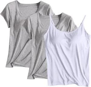 Women Modal Tank Tops 3 Pack with Built in Bras Yoga Athletic Camisole Top Comfy Lounge Camis Soft Cotton Undershirts