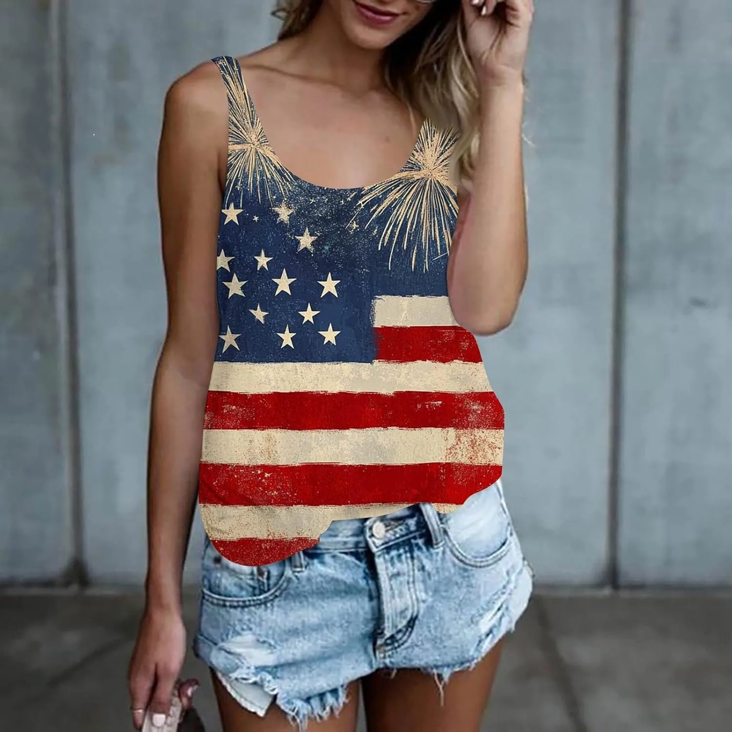 Women Patriotic 4th of July Tank Tops Crewneck Sleeveless American Flag Print Vest Star USA Flag Tee Summer Shirts