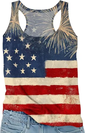 Women Patriotic 4th of July Tank Tops Crewneck Sleeveless American Flag Print Vest Star USA Flag Tee Summer Shirts