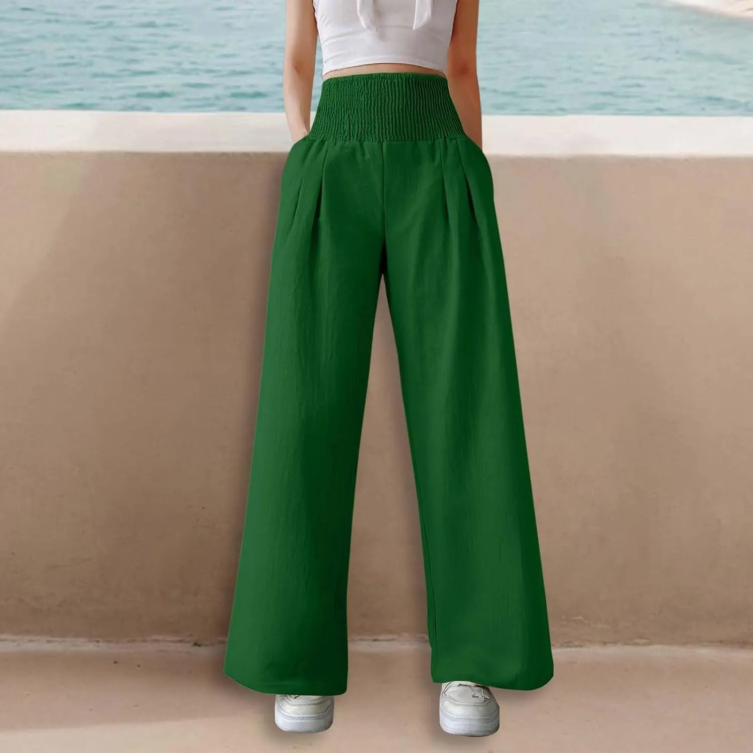 Women Wide Leg Pants Elastic Waist Stretch Loose Casual Lounge Sweatpants with Pockets Aesthetic Joggers Trousers