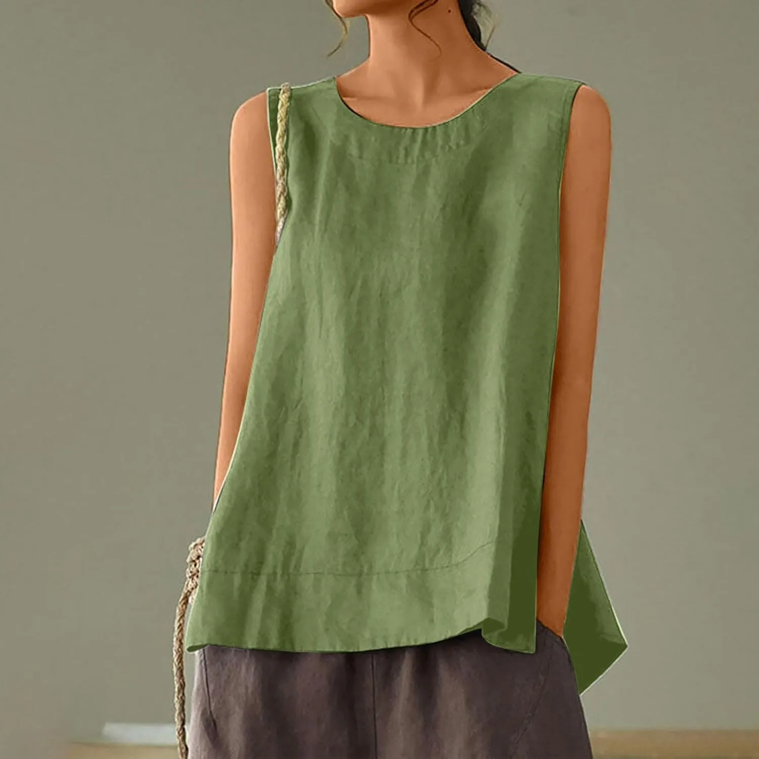 Women's Casual Sleeveless Tank Top Round Neck Loose Fit Solid Color Cotton Linen Blend Camisole Summer Shirts Blouses