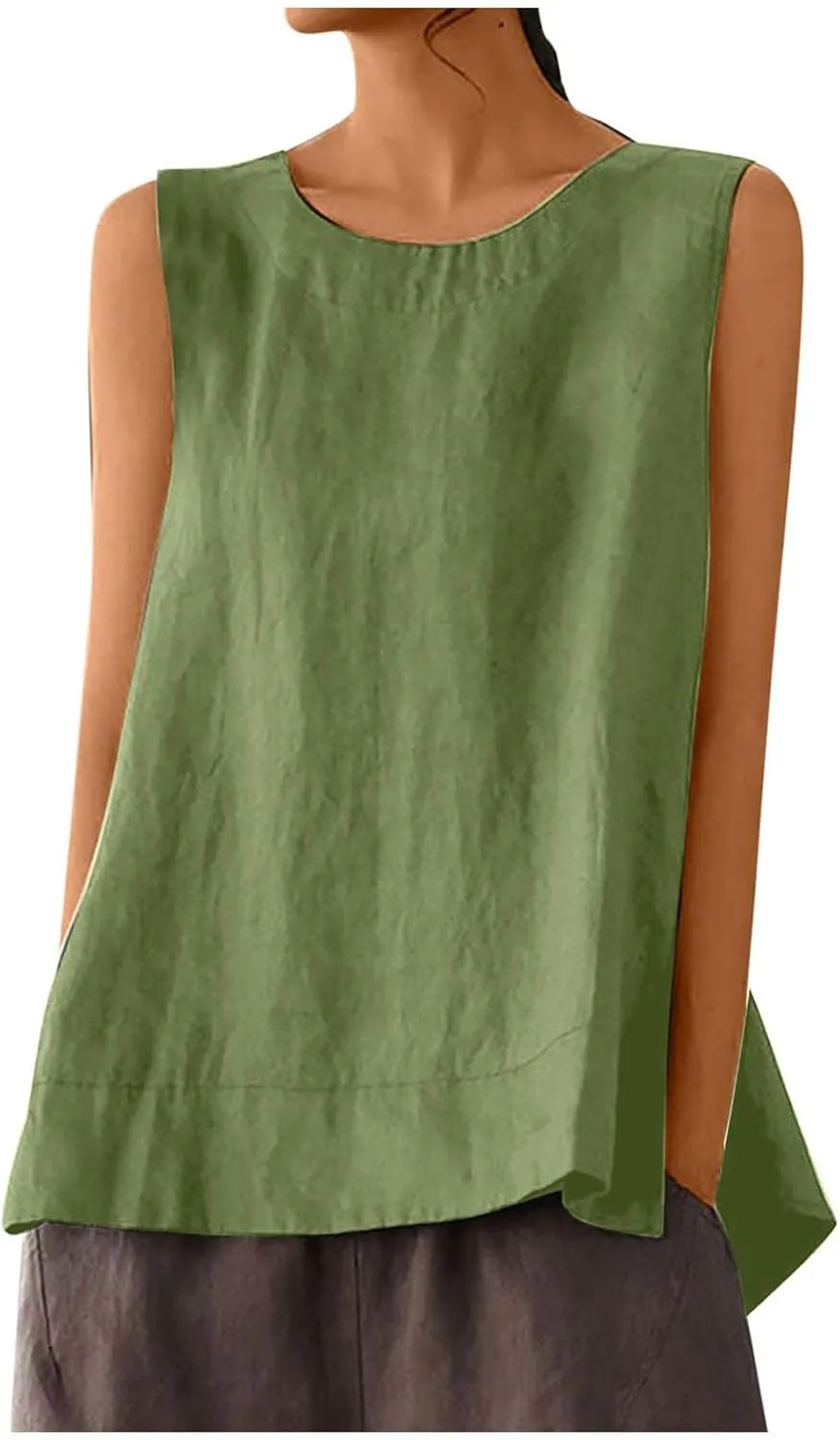 Women's Casual Sleeveless Tank Top Round Neck Loose Fit Solid Color Cotton Linen Blend Camisole Summer Shirts Blouses