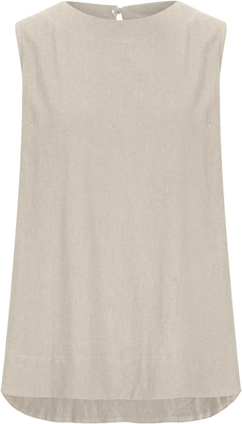 Women's Casual Sleeveless Tank Top Round Neck Loose Fit Solid Color Cotton Linen Blend Camisole Summer Shirts Blouses