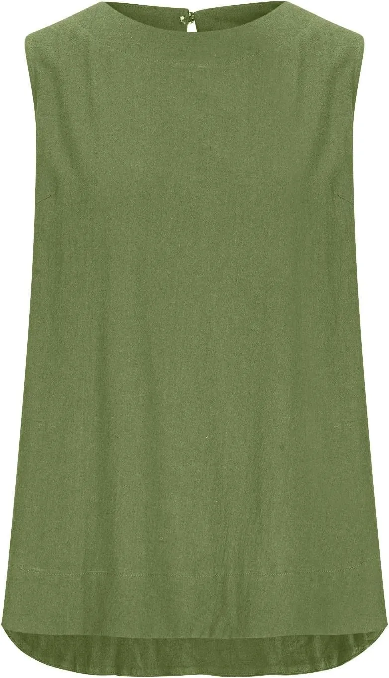 Women's Casual Sleeveless Tank Top Round Neck Loose Fit Solid Color Cotton Linen Blend Camisole Summer Shirts Blouses