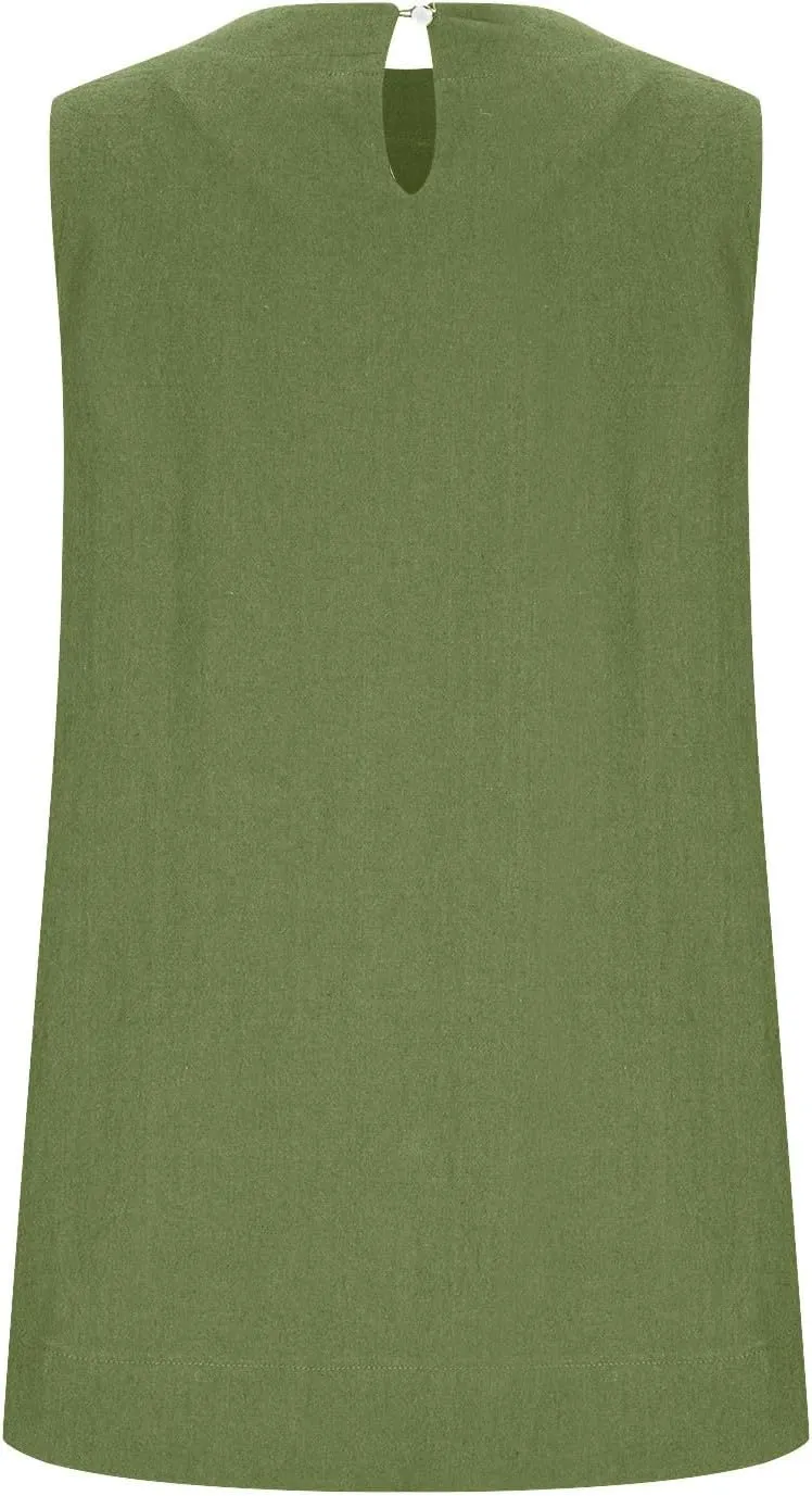 Women's Casual Sleeveless Tank Top Round Neck Loose Fit Solid Color Cotton Linen Blend Camisole Summer Shirts Blouses