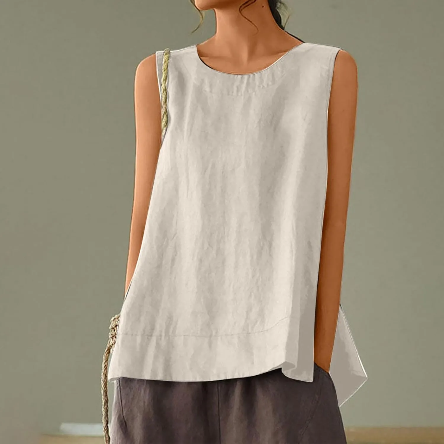 Women's Casual Sleeveless Tank Top Round Neck Loose Fit Solid Color Cotton Linen Blend Camisole Summer Shirts Blouses