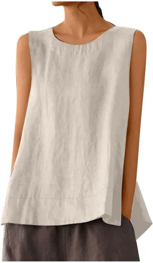 Women's Casual Sleeveless Tank Top Round Neck Loose Fit Solid Color Cotton Linen Blend Camisole Summer Shirts Blouses