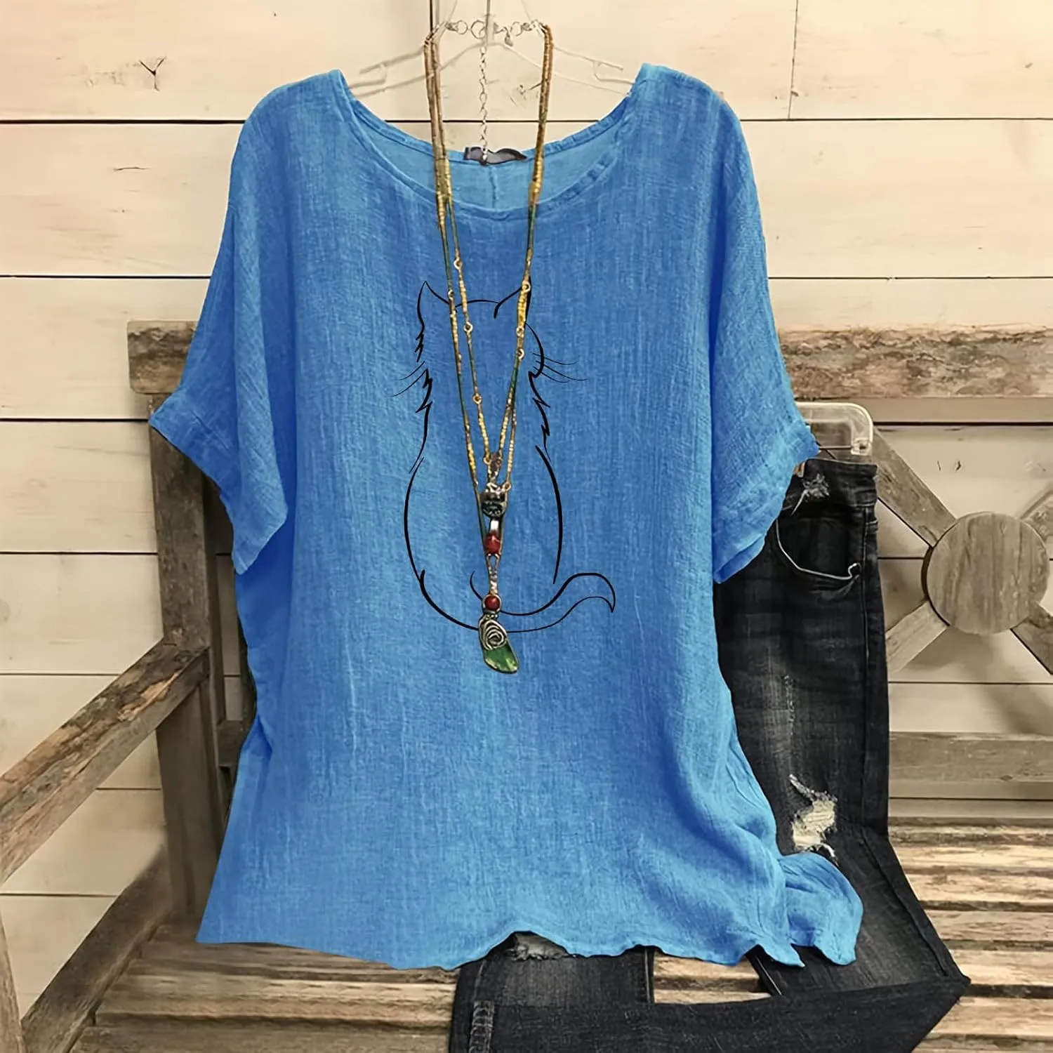 Women's Casual Summer Tops Cotton Linen Short Sleeve Shirts Fashion Print Round Neck T-Shirt Loose Soft Comfy Blouses