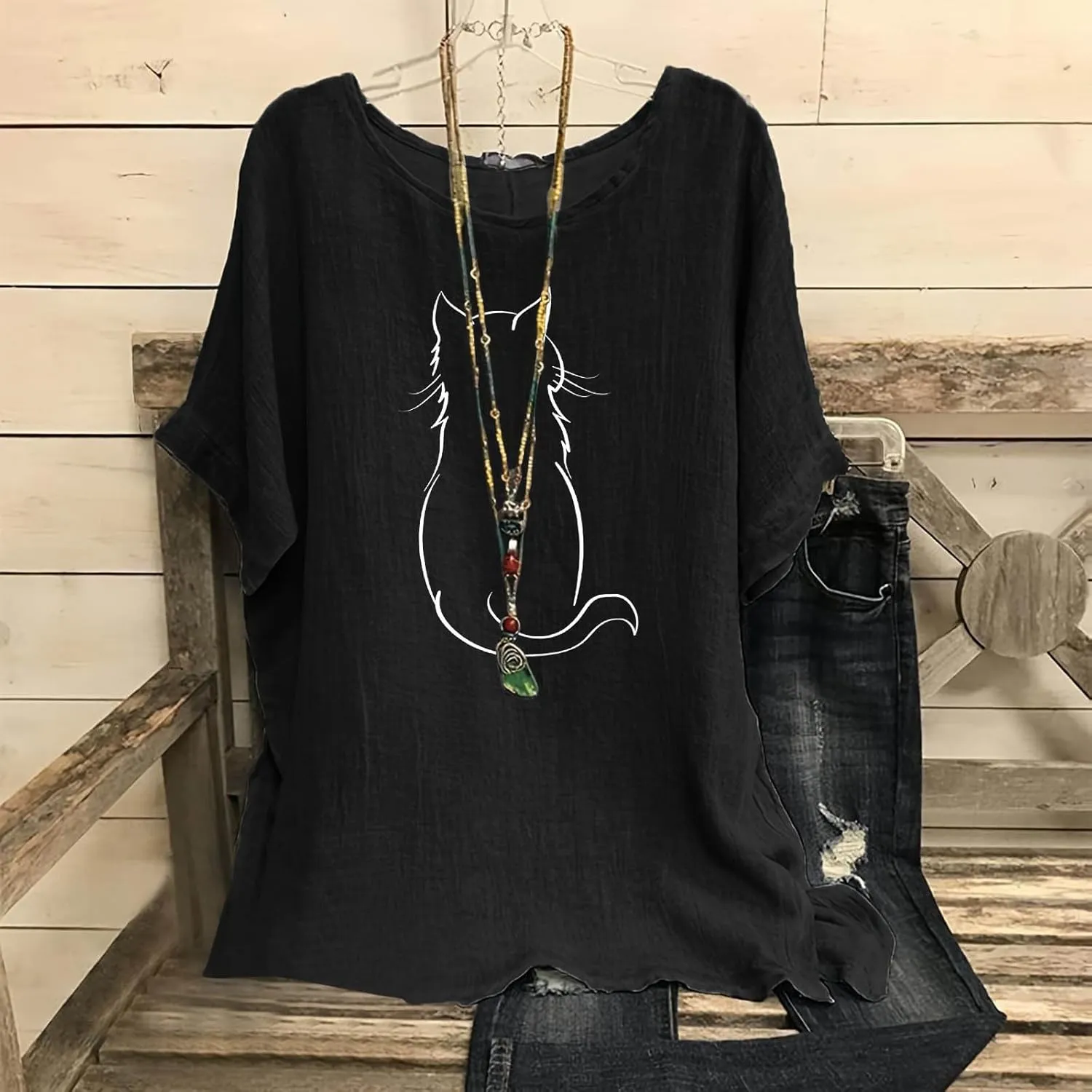 Women's Casual Summer Tops Cotton Linen Short Sleeve Shirts Fashion Print Round Neck T-Shirt Loose Soft Comfy Blouses