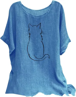 Women's Casual Summer Tops Cotton Linen Short Sleeve Shirts Fashion Print Round Neck T-Shirt Loose Soft Comfy Blouses