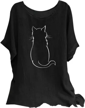 Women's Casual Summer Tops Cotton Linen Short Sleeve Shirts Fashion Print Round Neck T-Shirt Loose Soft Comfy Blouses