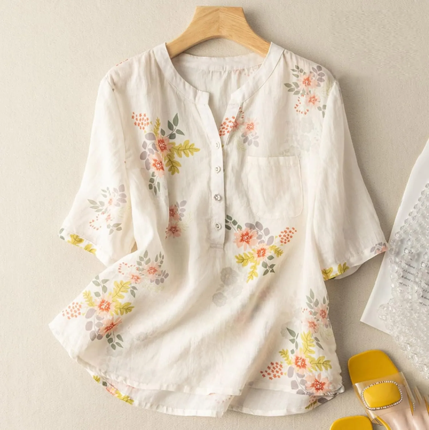 Women's Cotton Linen Short Sleeve T-Shirt Summer Boho Floral Print Tops Casual V Neck Button Down Blouse with Pocket