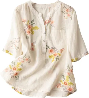 Women's Cotton Linen Short Sleeve T-Shirt Summer Boho Floral Print Tops Casual V Neck Button Down Blouse with Pocket