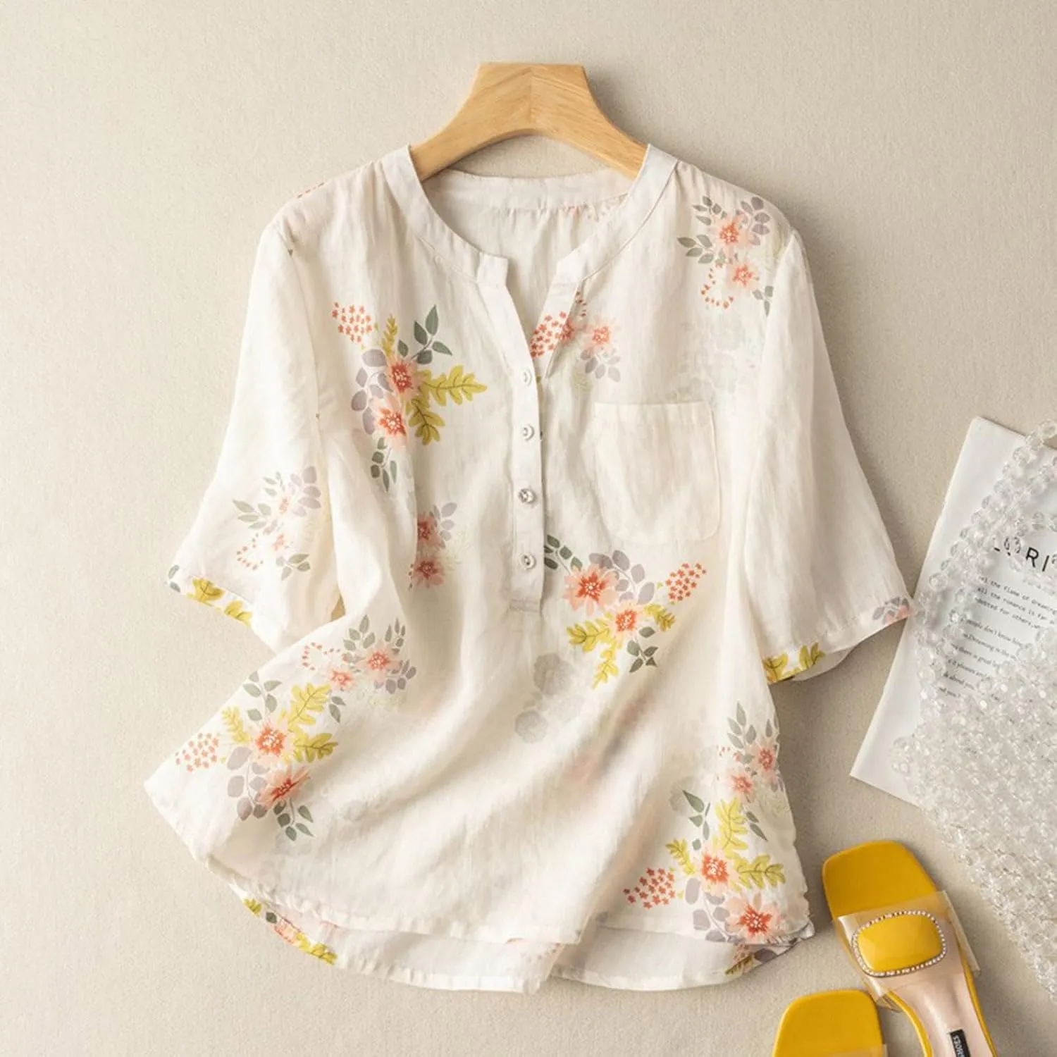 Women's Cotton Linen Short Sleeve T-Shirt Summer Boho Floral Print Tops Casual V Neck Button Down Blouse with Pocket