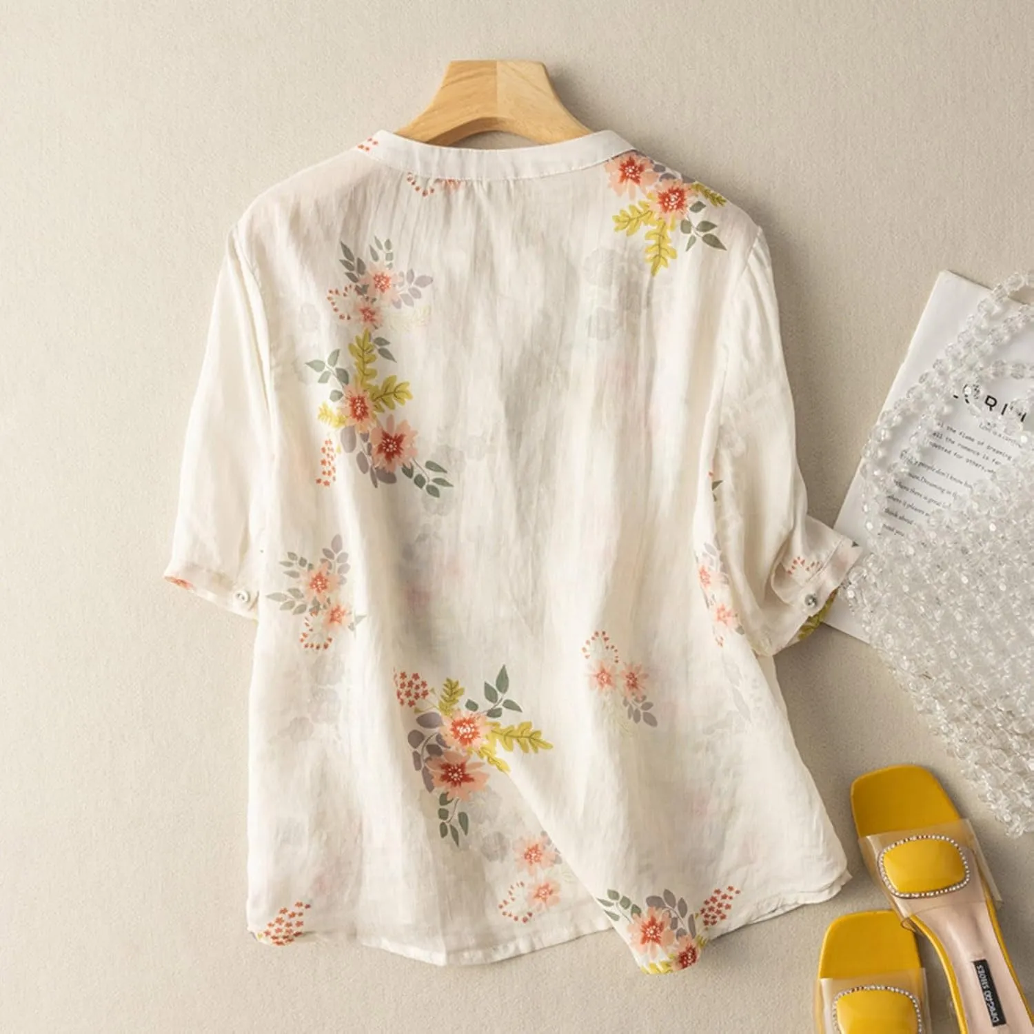 Women's Cotton Linen Short Sleeve T-Shirt Summer Boho Floral Print Tops Casual V Neck Button Down Blouse with Pocket