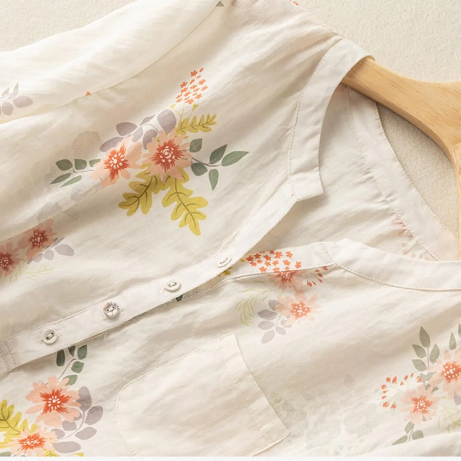 Women's Cotton Linen Short Sleeve T-Shirt Summer Boho Floral Print Tops Casual V Neck Button Down Blouse with Pocket