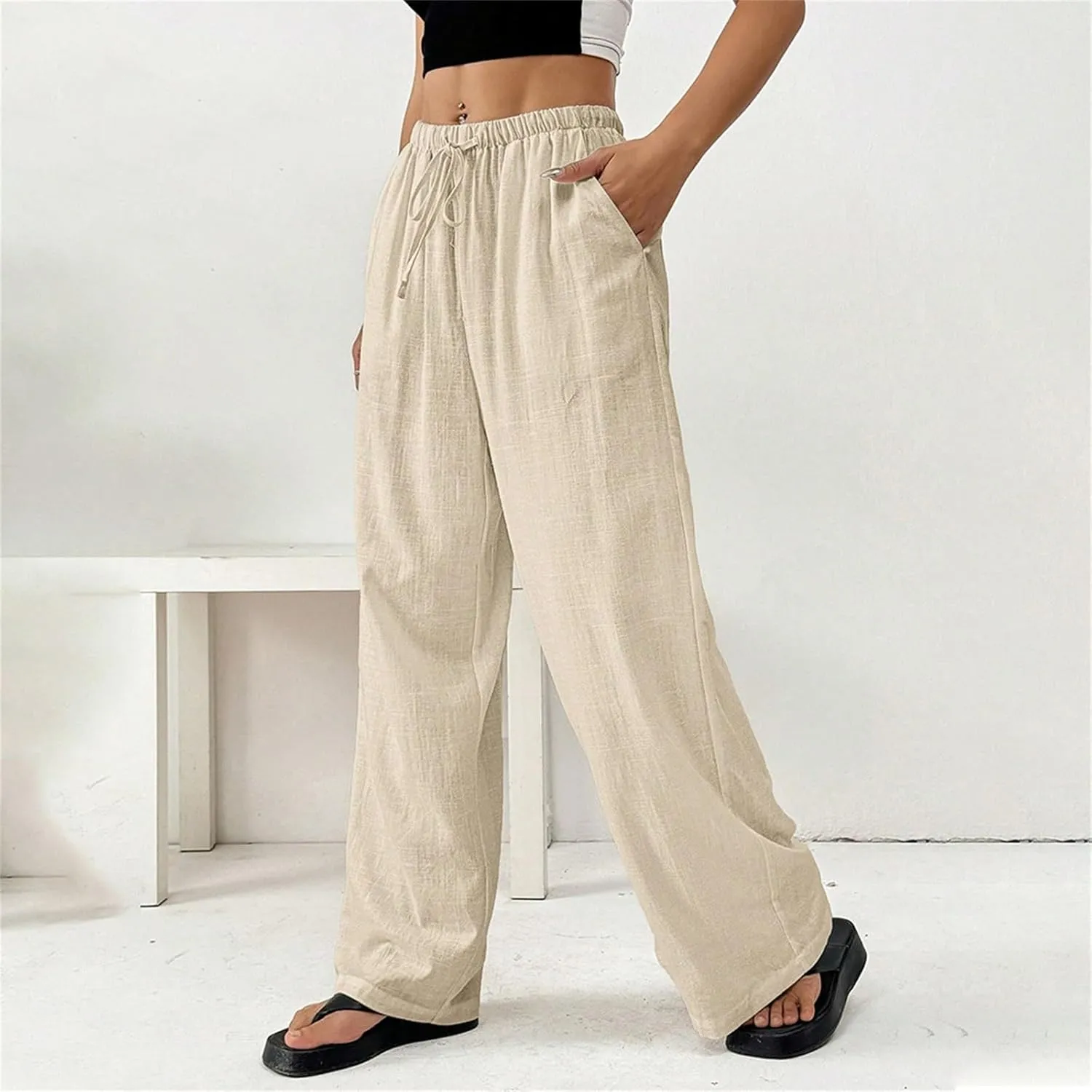 Women's Cotton Linen Straight Leg Pants Elastic Drawstring Lightweight Trousers with Pockets Summer Beach Lounge Pant