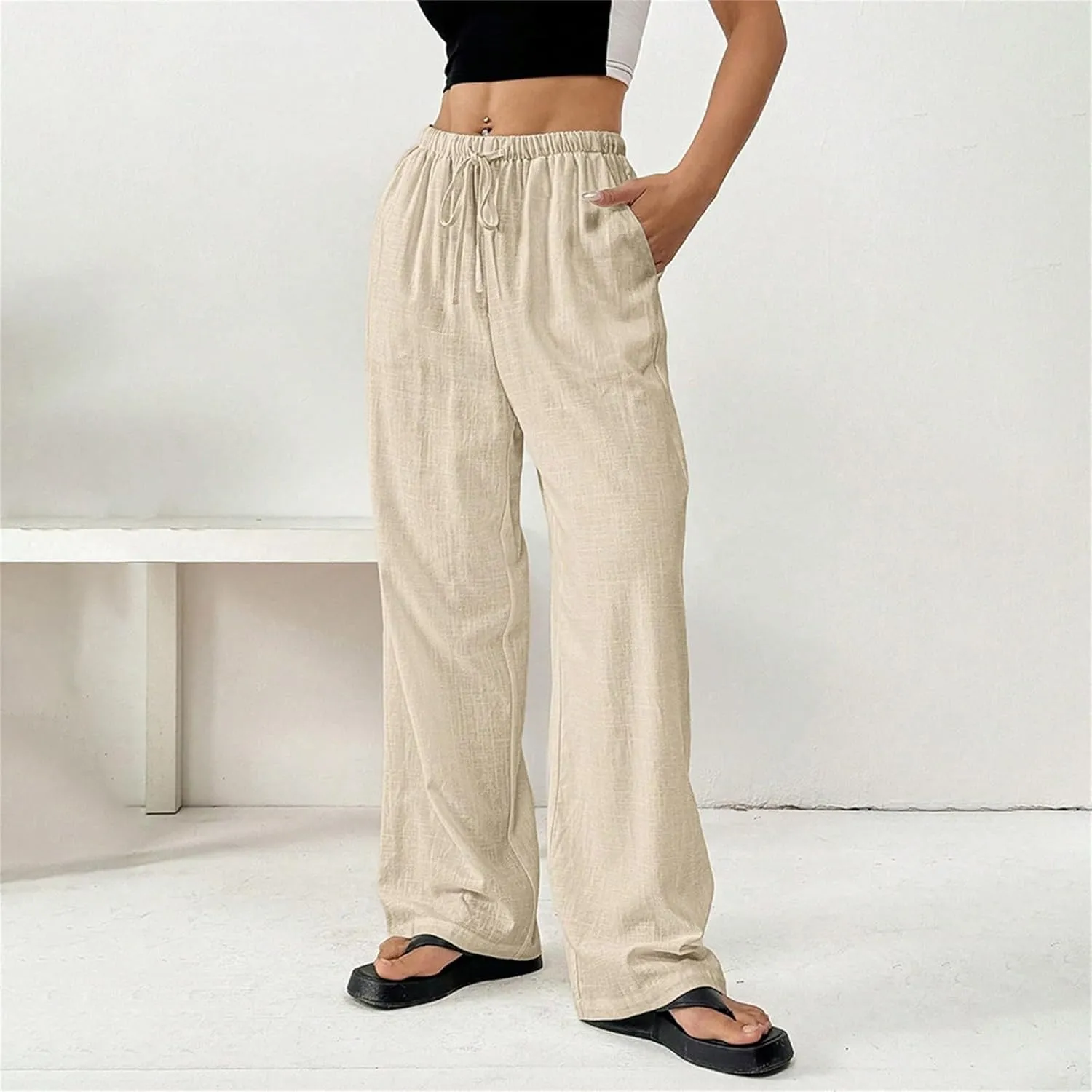 Women's Cotton Linen Straight Leg Pants Elastic Drawstring Lightweight Trousers with Pockets Summer Beach Lounge Pant