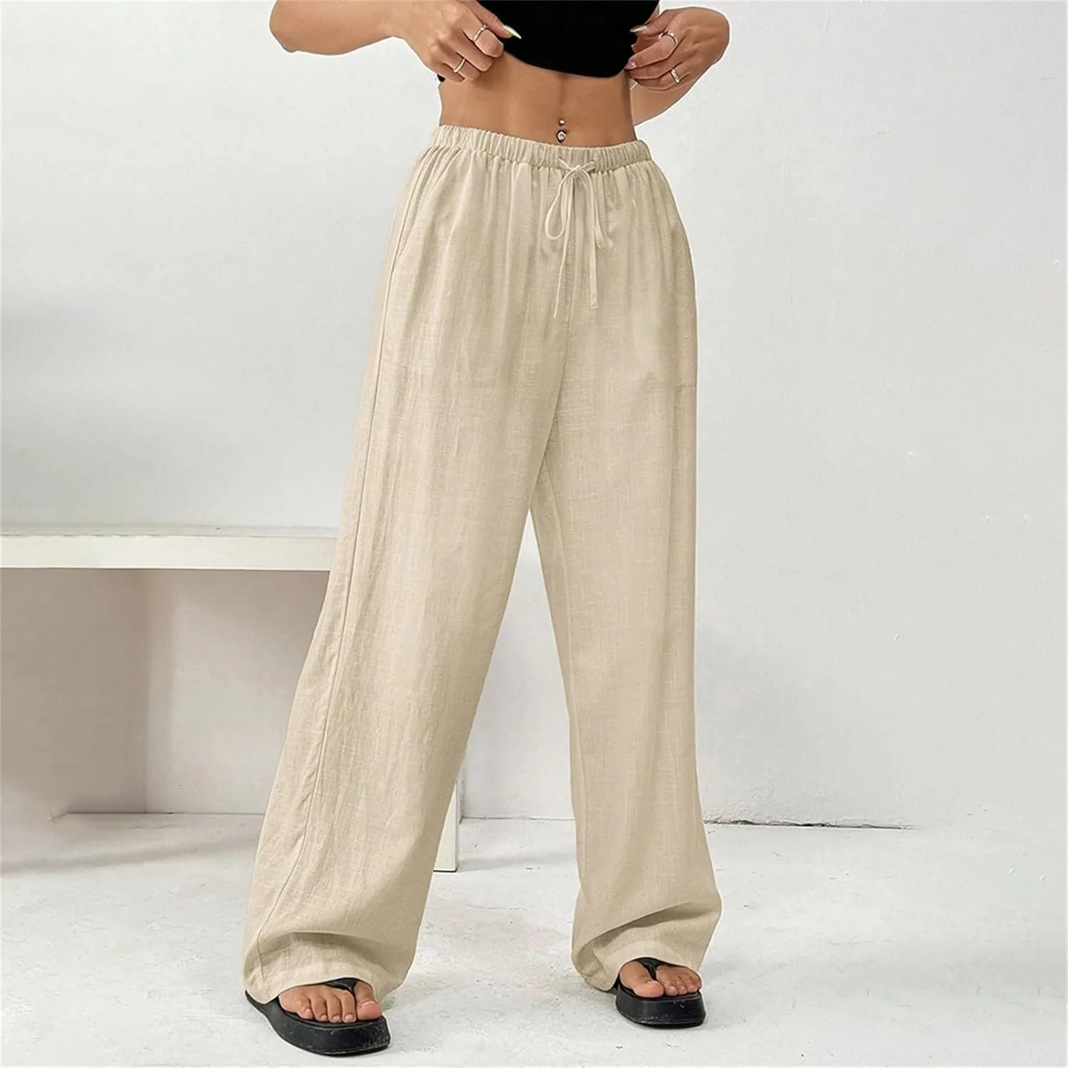 Women's Cotton Linen Straight Leg Pants Elastic Drawstring Lightweight Trousers with Pockets Summer Beach Lounge Pant